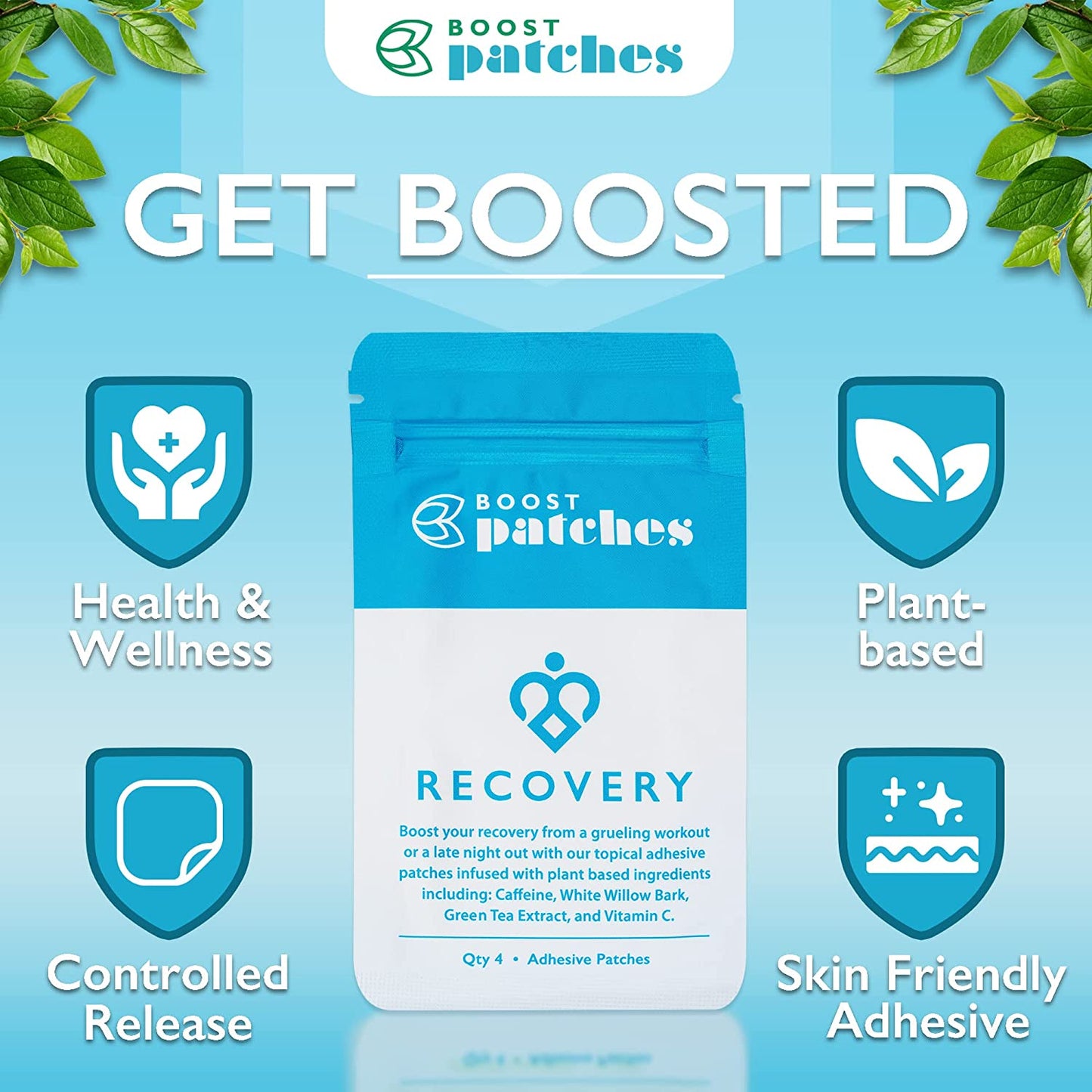 Boost your recovery from a grueling workout or late night out with our topical adhesive patches infused with plant-based ingredients including: Caffeine, White Willow Bark, Green Tea Extract, and Vitamin C. Recovery patches are intended to be used for fatigue from a high intensity work out or to Boost you up from a hangover.