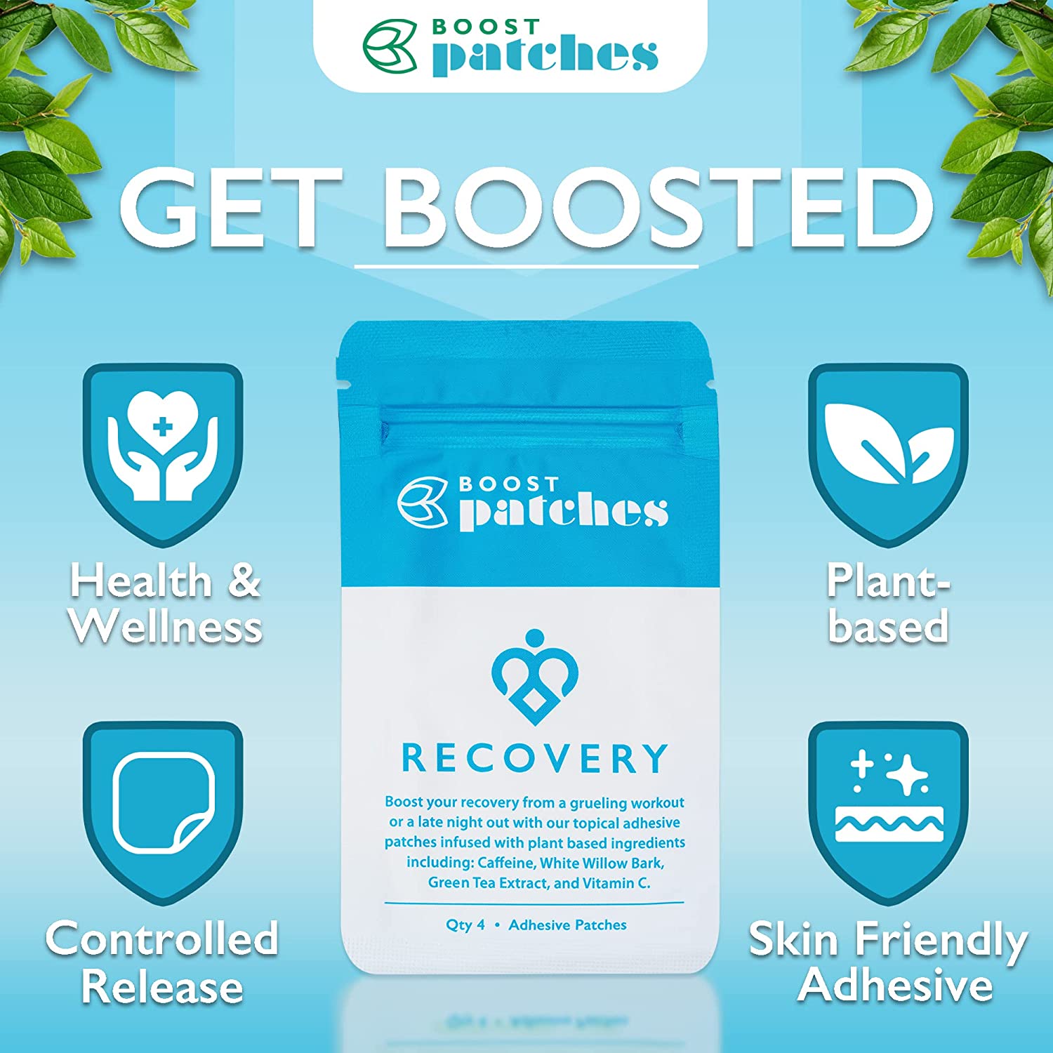 Boost your recovery from a grueling workout or late night out with our topical adhesive patches infused with plant-based ingredients including: Caffeine, White Willow Bark, Green Tea Extract, and Vitamin C. Recovery patches are intended to be used for fatigue from a high intensity work out or to Boost you up from a hangover.