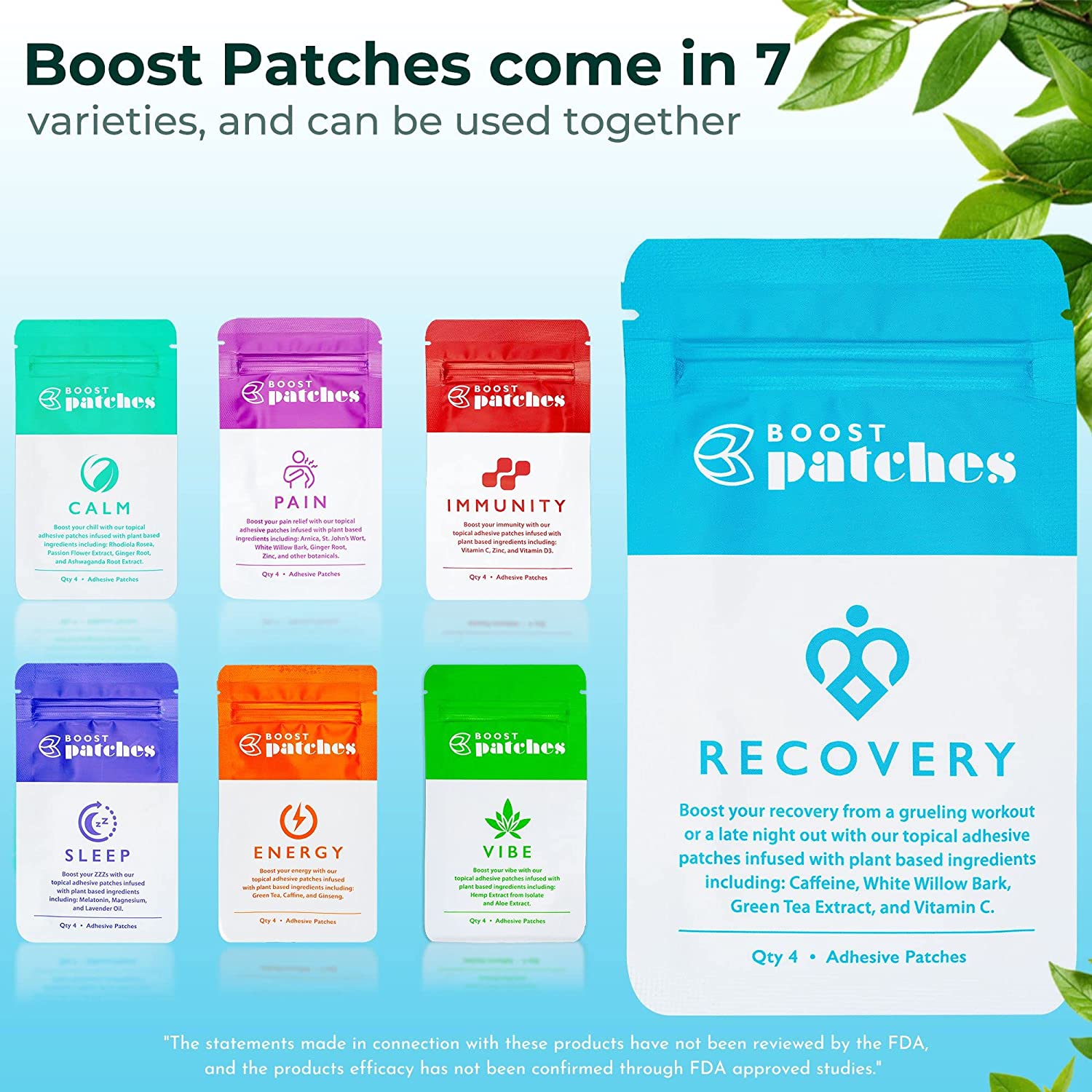 Boost your recovery from a grueling workout or late night out with our topical adhesive patches infused with plant-based ingredients including: Caffeine, White Willow Bark, Green Tea Extract, and Vitamin C. Recovery patches are intended to be used for fatigue from a high intensity work out or to Boost you up from a hangover.