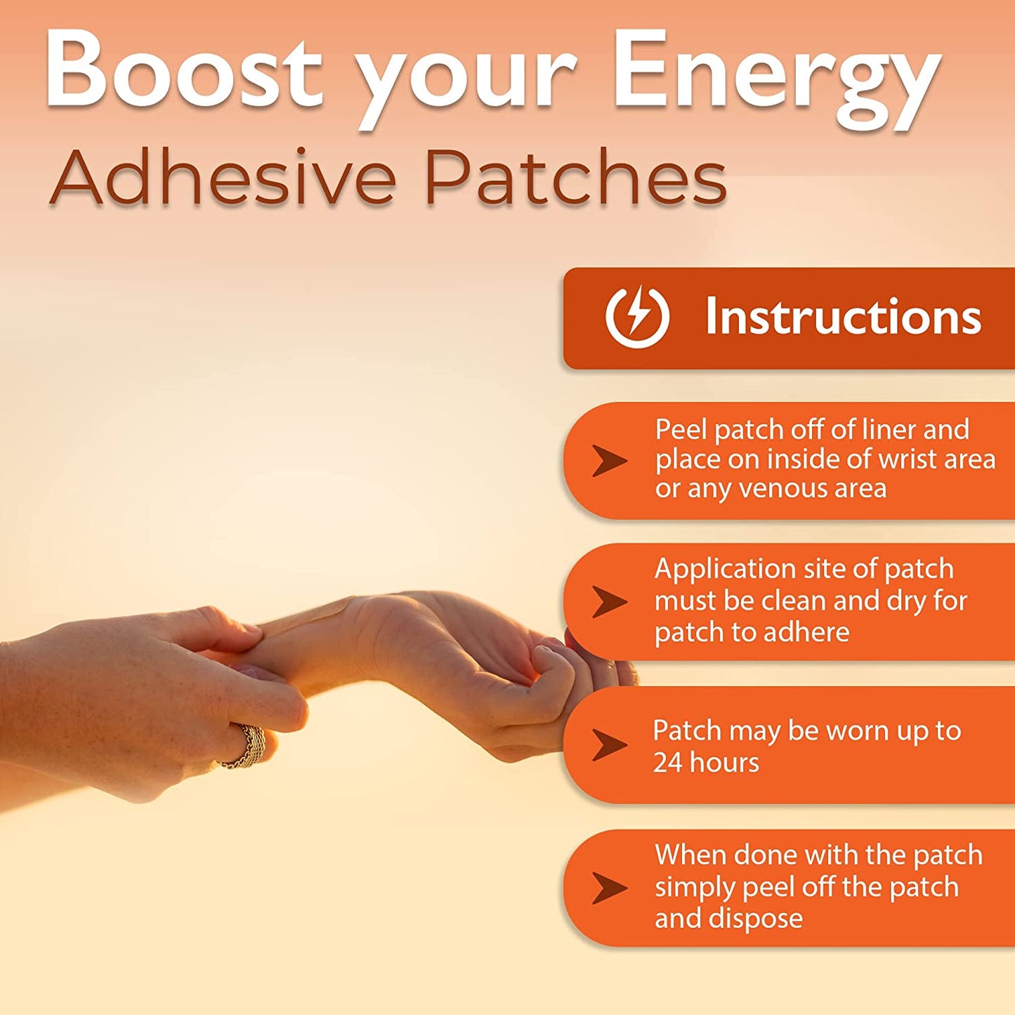 Boost your energy with our topical adhesive patches infused with plant-based ingredients including: Green Tea, Caffeine, and Ginseng. Energy patches are intended to give the user a Boost of energy during the day with our all nature ingredients.