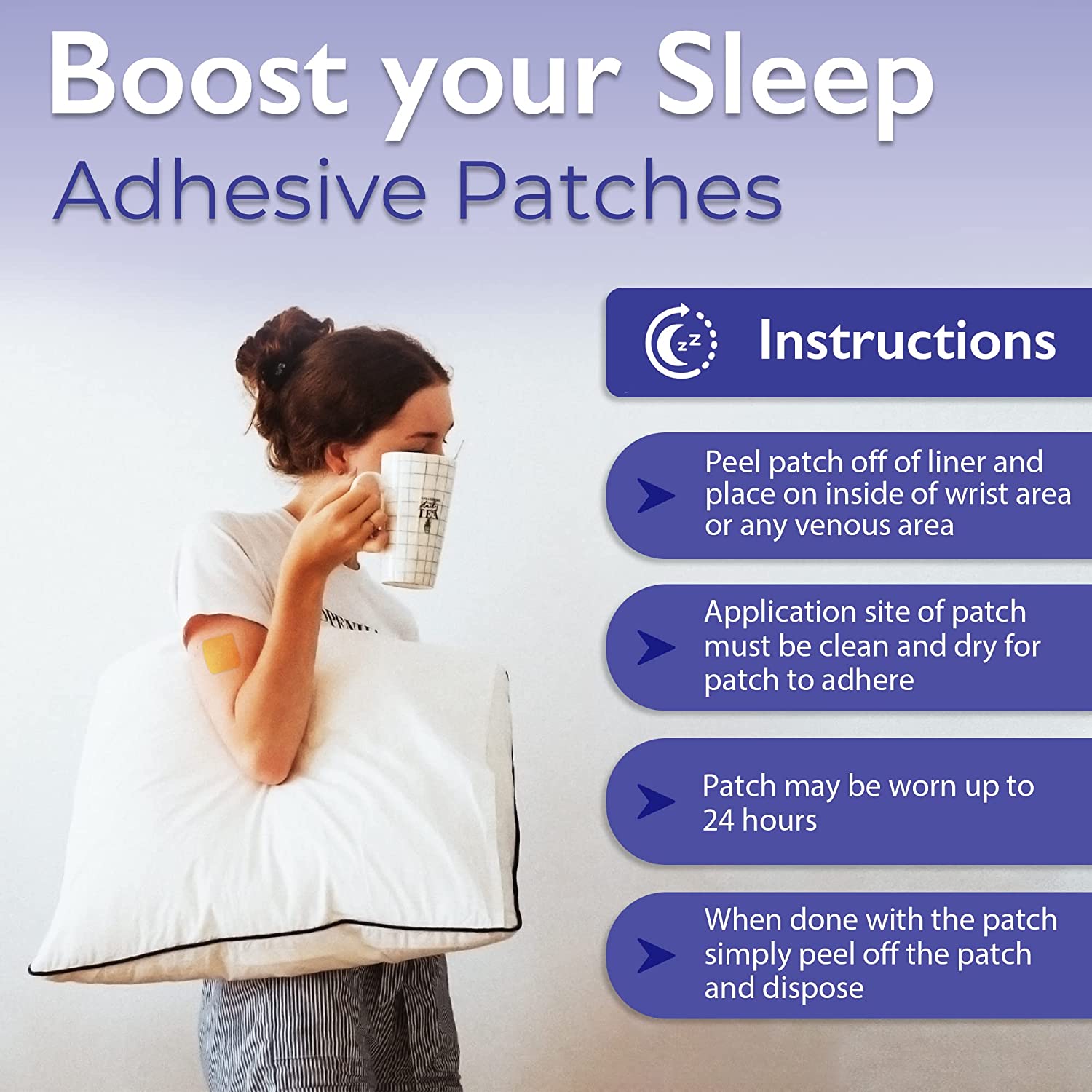 Boost your Sleep with our topical adhesive patches infused with plant-based ingredients including: Melatonin, Magnesium, and Lavender Oil. Sleep patches are intended to be used to help fall asleep and stay asleep.