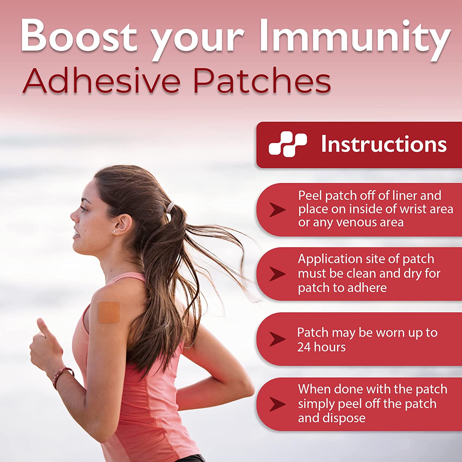 Boost your immunity with our topical adhesive patches infused with plant-based ingredients including: Vitamin C, Zinc, and Vitamin D3. Immunity patches are intended to give the user vitamin Boosts in the form of a patch.