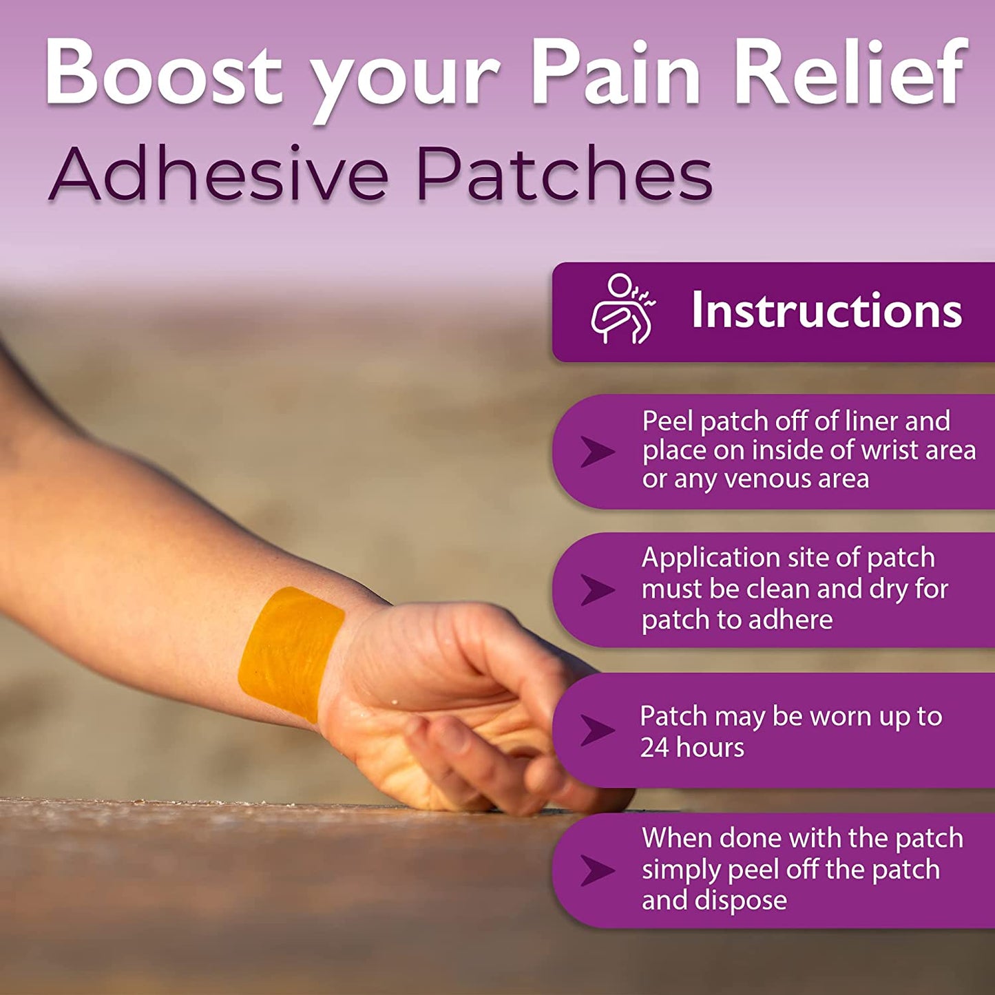 Boost your pain relief with our topical adhesive patches infused with plant-based ingredients including: Arnica, St. John’s Wort, White Willow Bark, Ginger Root, Zinc, and other botanicals. Pain patches are intended to be used on areas of muscle soreness, like your back legs or arms.