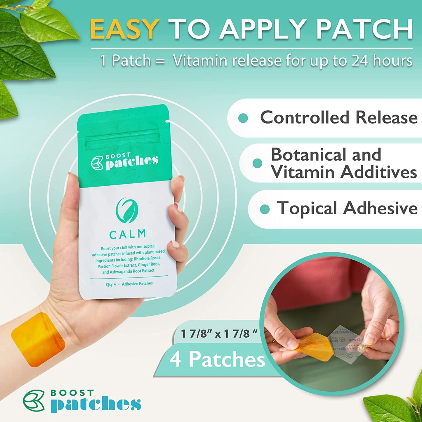 Boost your chill with our topical adhesive patches infused with plant-based ingredients including: Rhodiola Rosea, Passion Flower Extract, Ginger Root, and Ashwaganda Root Extract. Calm patches are intended to be used to help relax the user with our subtle all natural ingredients.