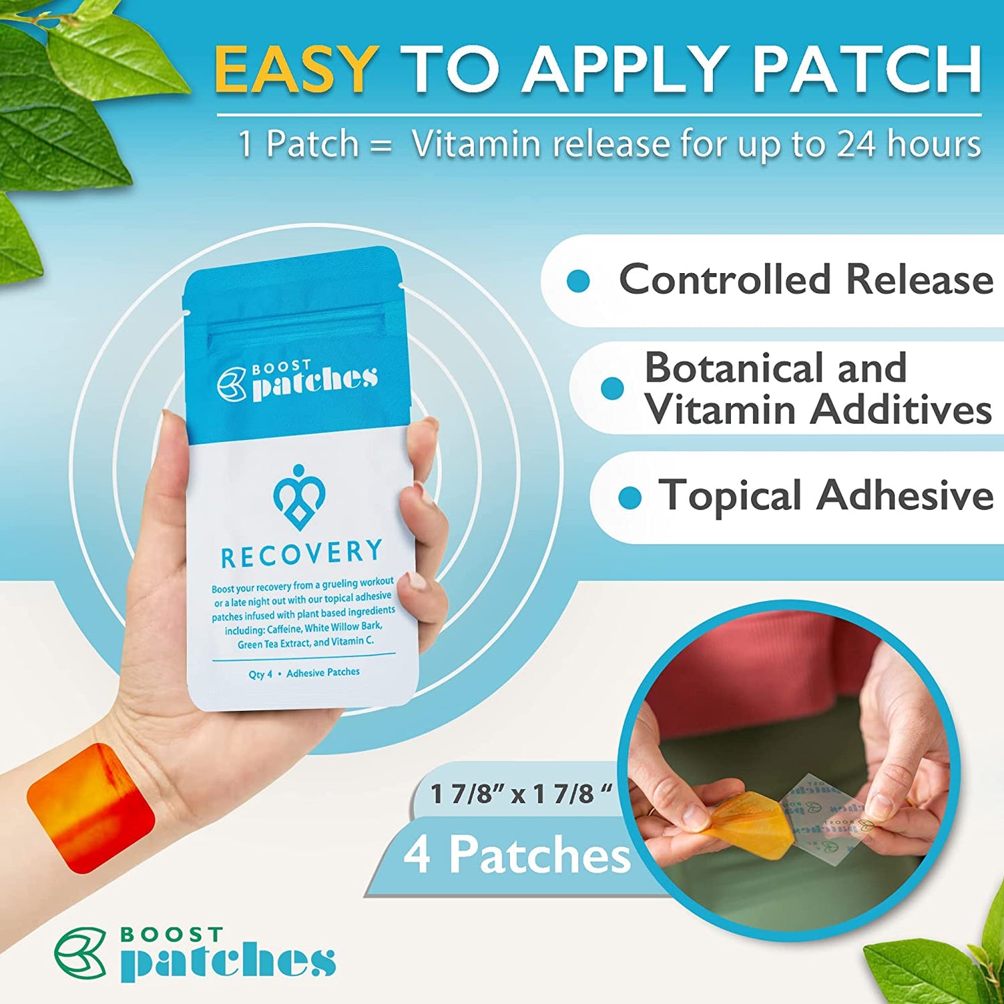 Boost your recovery from a grueling workout or late night out with our topical adhesive patches infused with plant-based ingredients including: Caffeine, White Willow Bark, Green Tea Extract, and Vitamin C. Recovery patches are intended to be used for fatigue from a high intensity work out or to Boost you up from a hangover.