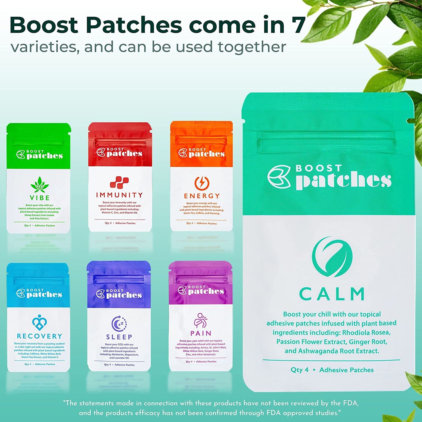 Boost your chill with our topical adhesive patches infused with plant-based ingredients including: Rhodiola Rosea, Passion Flower Extract, Ginger Root, and Ashwaganda Root Extract. Calm patches are intended to be used to help relax the user with our subtle all natural ingredients.