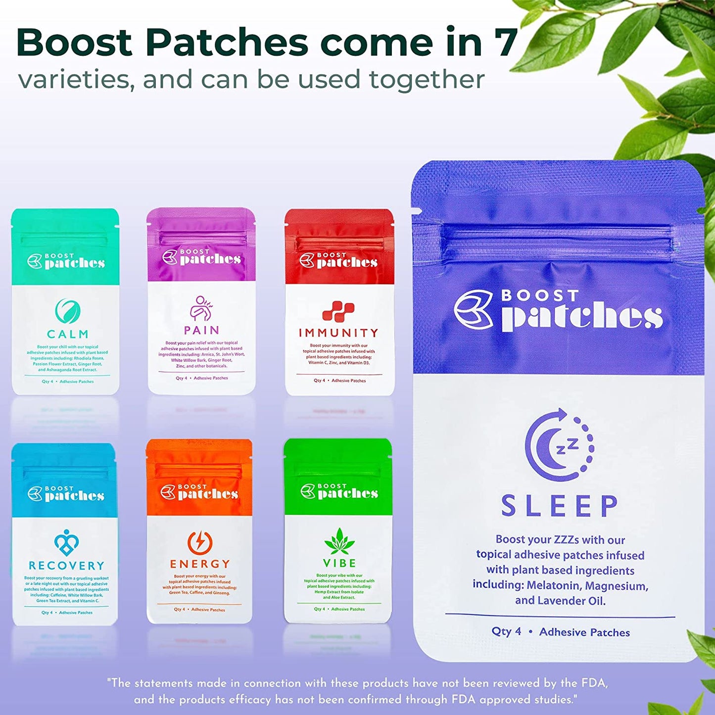 Boost your Sleep with our topical adhesive patches infused with plant-based ingredients including: Melatonin, Magnesium, and Lavender Oil. Sleep patches are intended to be used to help fall asleep and stay asleep.