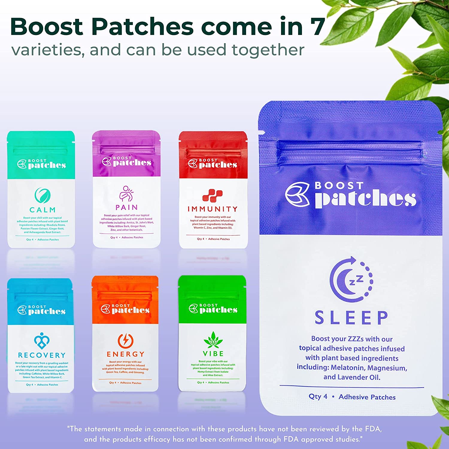 Boost your Sleep with our topical adhesive patches infused with plant-based ingredients including: Melatonin, Magnesium, and Lavender Oil. Sleep patches are intended to be used to help fall asleep and stay asleep.