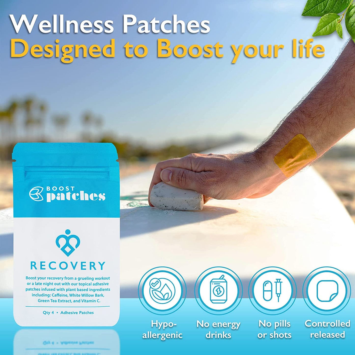 Boost your recovery from a grueling workout or late night out with our topical adhesive patches infused with plant-based ingredients including: Caffeine, White Willow Bark, Green Tea Extract, and Vitamin C. Recovery patches are intended to be used for fatigue from a high intensity work out or to Boost you up from a hangover.