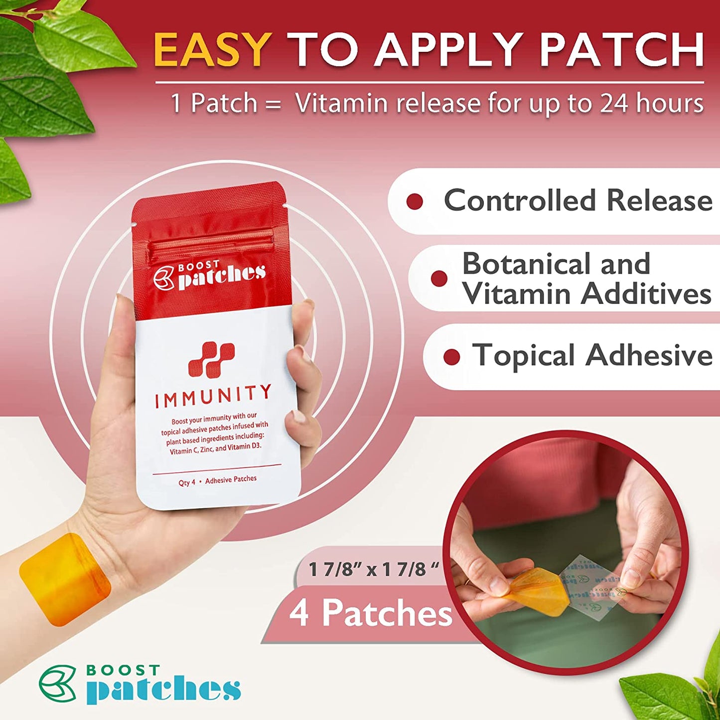 Boost your immunity with our topical adhesive patches infused with plant-based ingredients including: Vitamin C, Zinc, and Vitamin D3. Immunity patches are intended to give the user vitamin Boosts in the form of a patch.