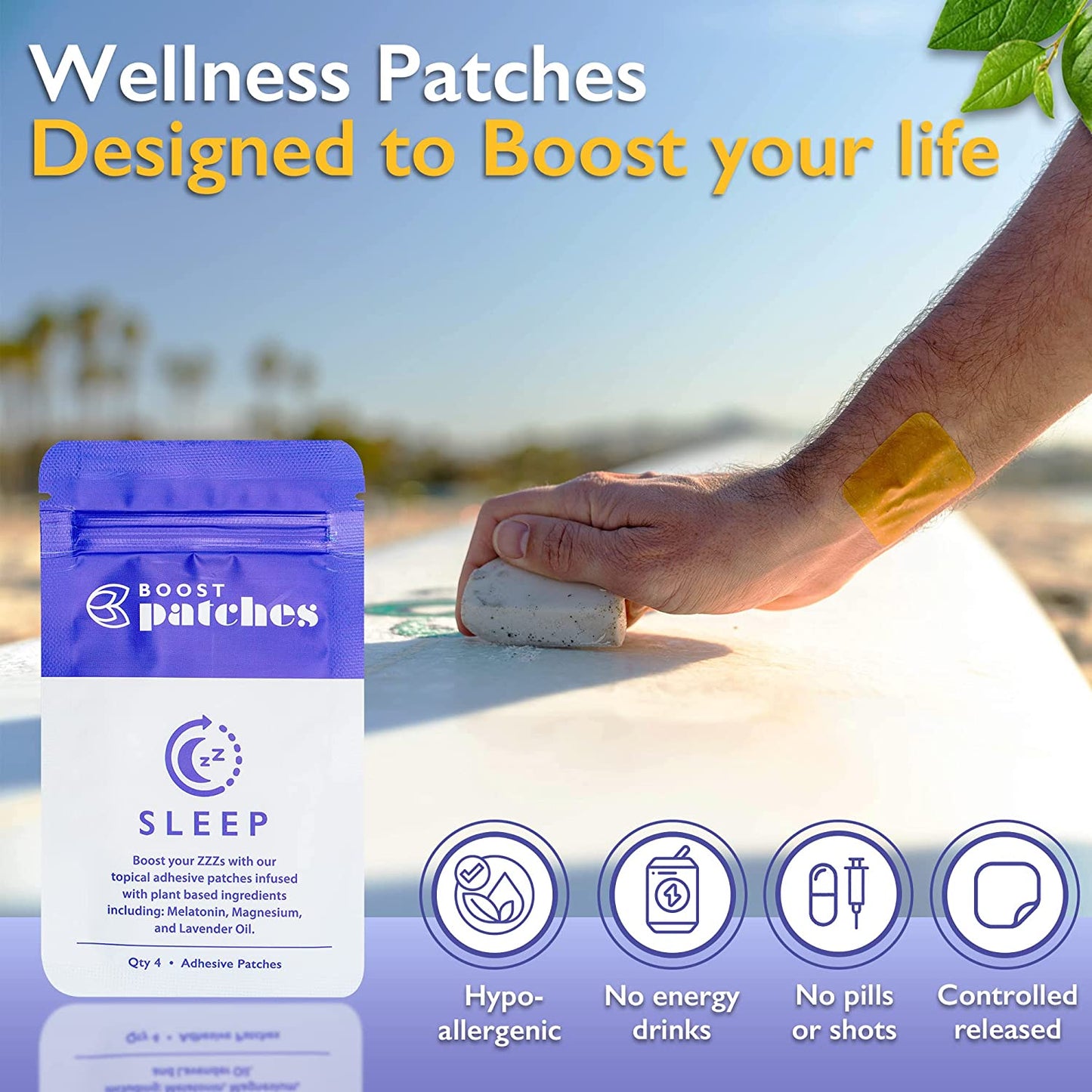 Boost your Sleep with our topical adhesive patches infused with plant-based ingredients including: Melatonin, Magnesium, and Lavender Oil. Sleep patches are intended to be used to help fall asleep and stay asleep.