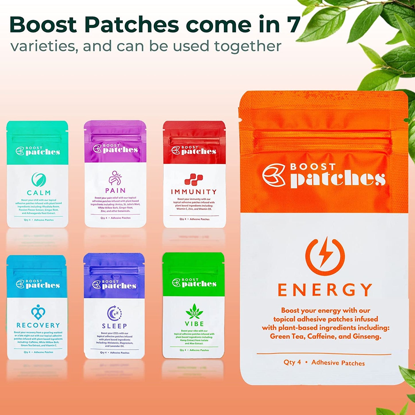 Boost your energy with our topical adhesive patches infused with plant-based ingredients including: Green Tea, Caffeine, and Ginseng. Energy patches are intended to give the user a Boost of energy during the day with our all nature ingredients.