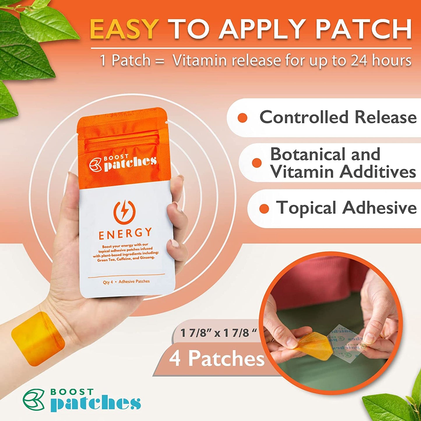 Boost your energy with our topical adhesive patches infused with plant-based ingredients including: Green Tea, Caffeine, and Ginseng. Energy patches are intended to give the user a Boost of energy during the day with our all nature ingredients.