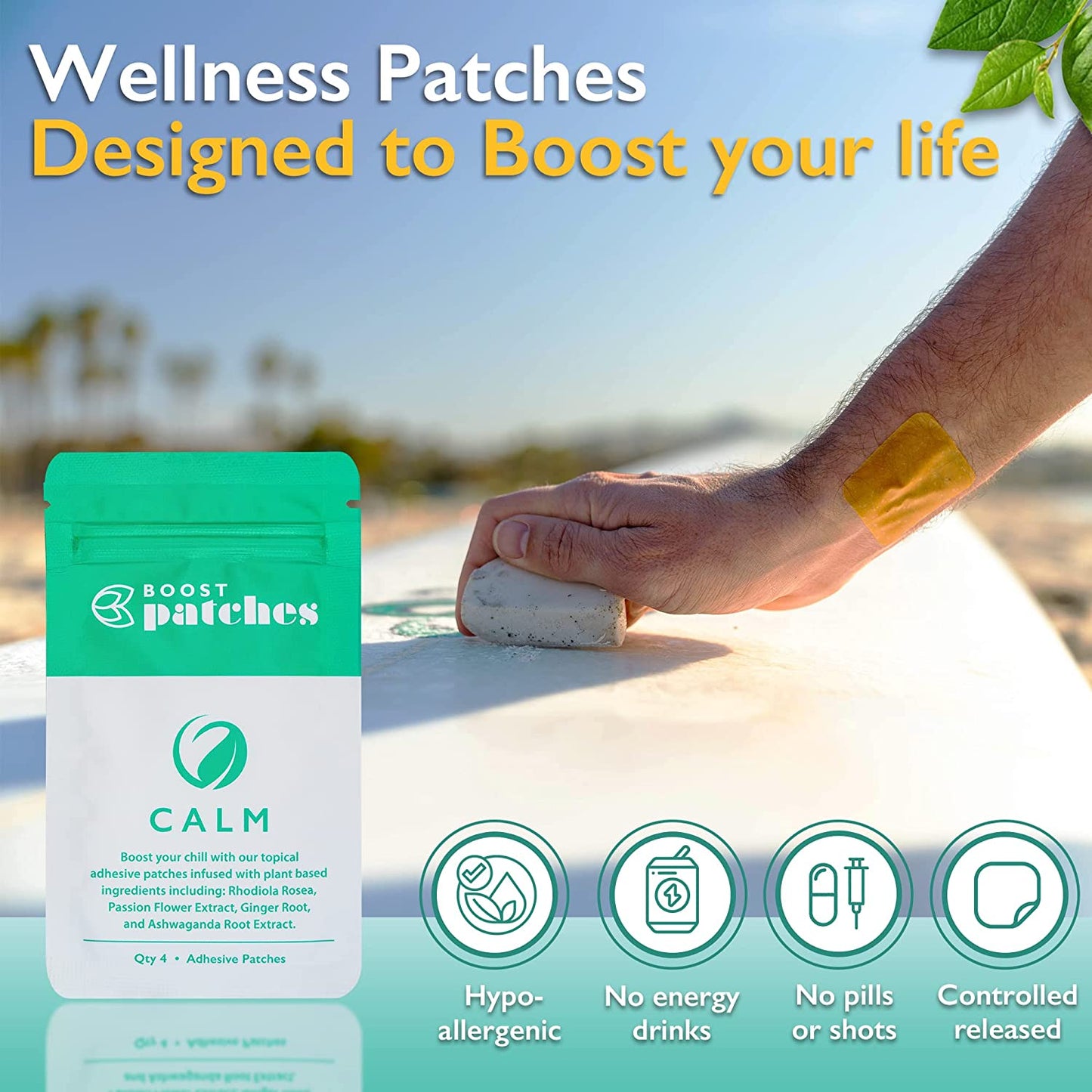 Boost your chill with our topical adhesive patches infused with plant-based ingredients including: Rhodiola Rosea, Passion Flower Extract, Ginger Root, and Ashwaganda Root Extract. Calm patches are intended to be used to help relax the user with our subtle all natural ingredients.