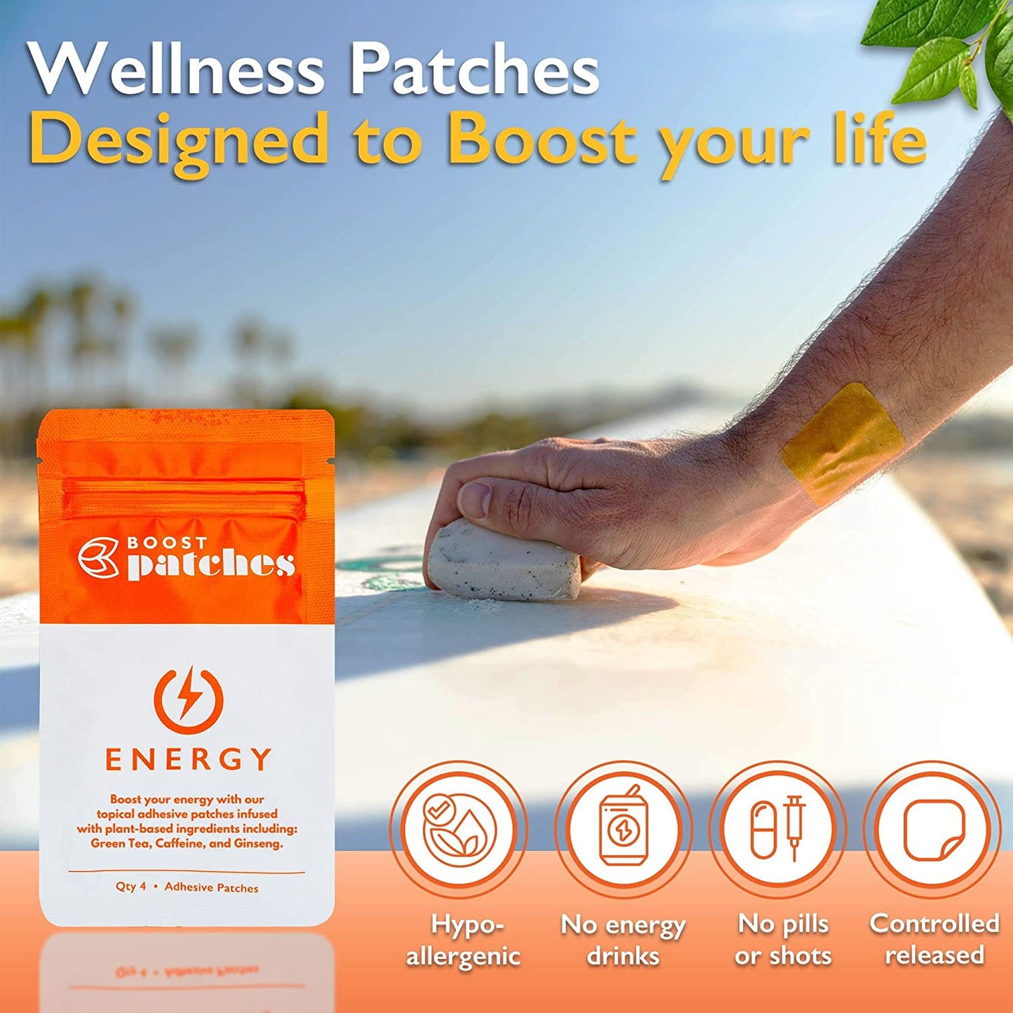 Boost your energy with our topical adhesive patches infused with plant-based ingredients including: Green Tea, Caffeine, and Ginseng. Energy patches are intended to give the user a Boost of energy during the day with our all nature ingredients.