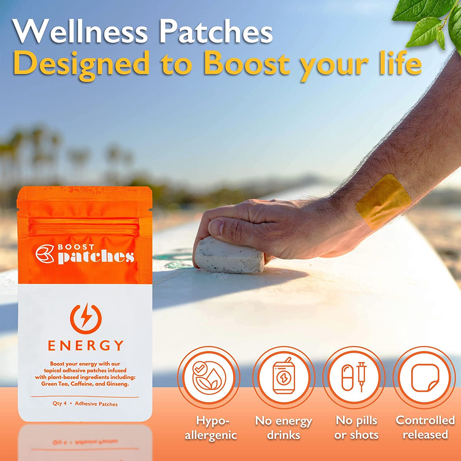 Boost your energy with our topical adhesive patches infused with plant-based ingredients including: Green Tea, Caffeine, and Ginseng. Energy patches are intended to give the user a Boost of energy during the day with our all nature ingredients.