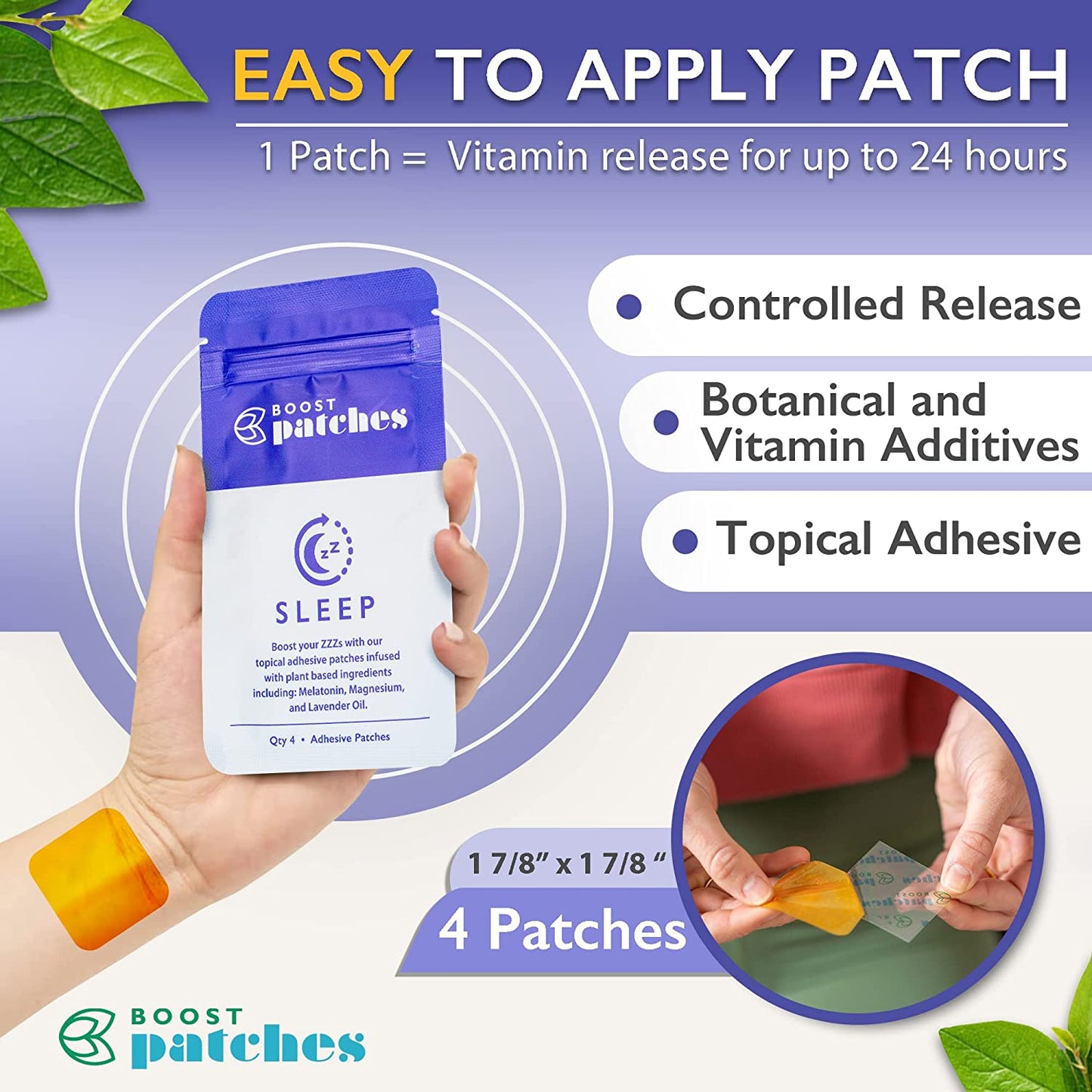 Boost your Sleep with our topical adhesive patches infused with plant-based ingredients including: Melatonin, Magnesium, and Lavender Oil. Sleep patches are intended to be used to help fall asleep and stay asleep.