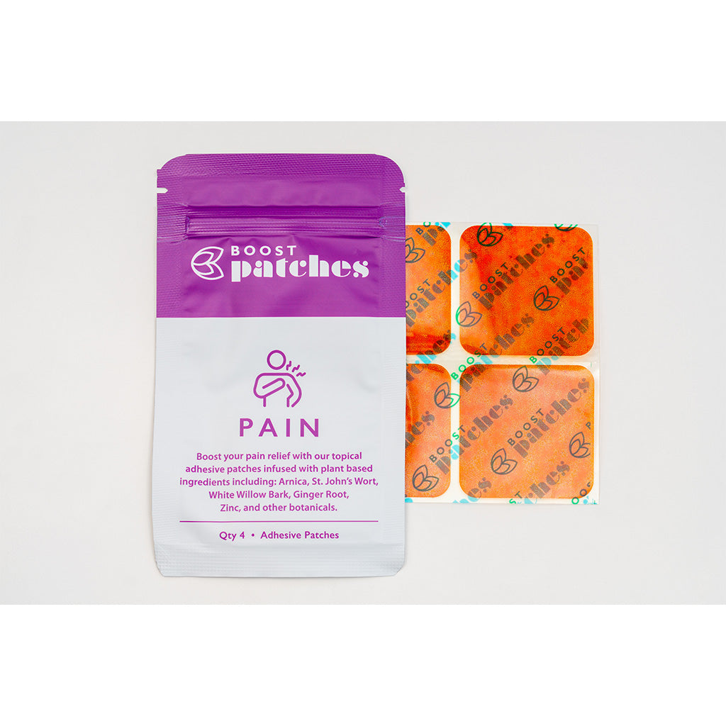 Boost your pain relief with our topical adhesive patches infused with plant-based ingredients including: Arnica, St. John’s Wort, White Willow Bark, Ginger Root, Zinc, and other botanicals. Pain patches are intended to be used on areas of muscle soreness, like your back legs or arms.