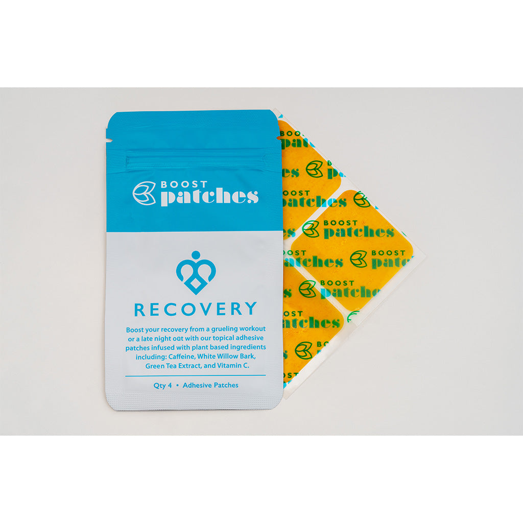 Boost your recovery from a grueling workout or late night out with our topical adhesive patches infused with plant-based ingredients including: Caffeine, White Willow Bark, Green Tea Extract, and Vitamin C. Recovery patches are intended to be used for fatigue from a high intensity work out or to Boost you up from a hangover.