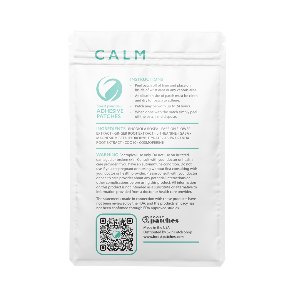 Boost your chill with our topical adhesive patches infused with plant-based ingredients including: Rhodiola Rosea, Passion Flower Extract, Ginger Root, and Ashwaganda Root Extract. Calm patches are intended to be used to help relax the user with our subtle all natural ingredients.