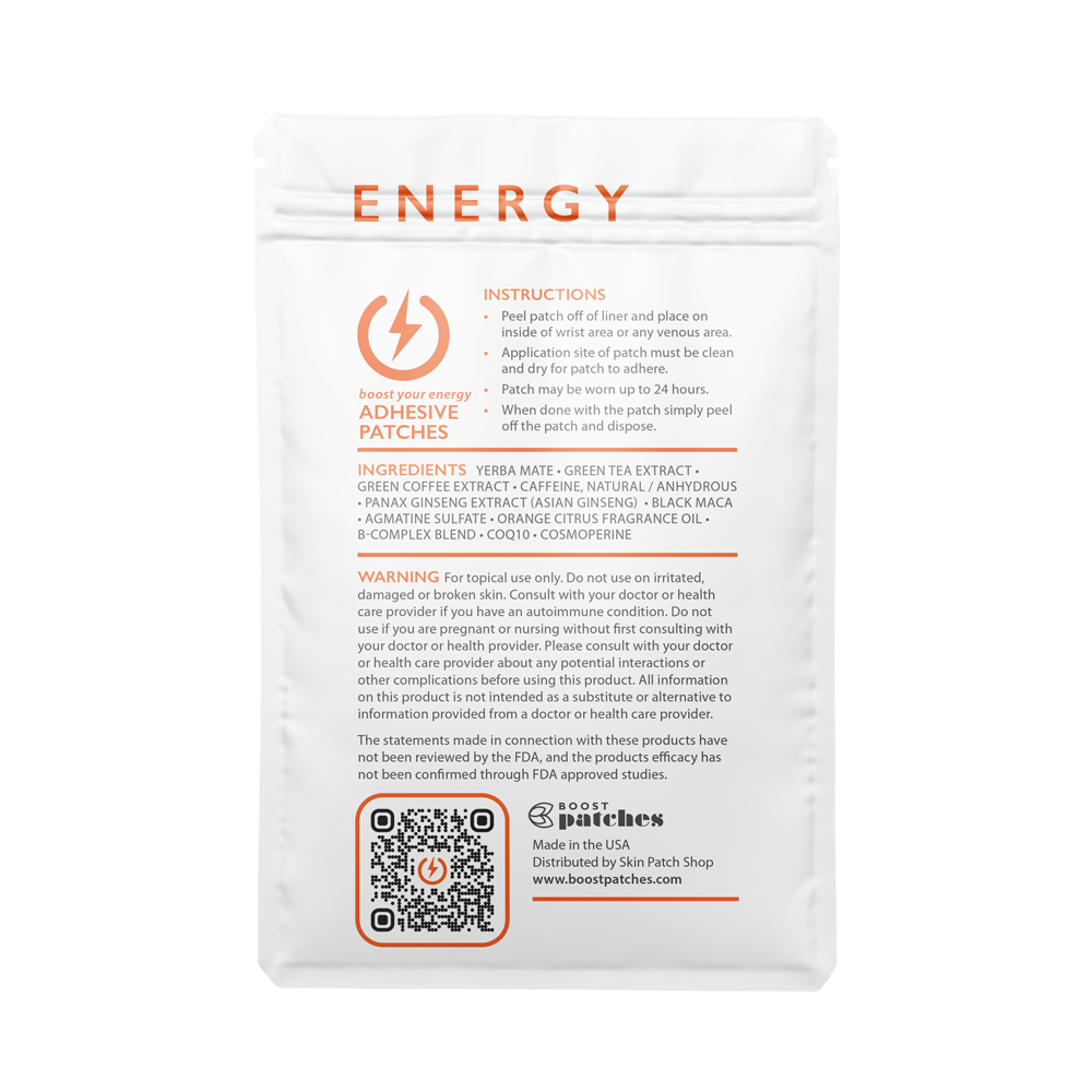 Boost your energy with our topical adhesive patches infused with plant-based ingredients including: Green Tea, Caffeine, and Ginseng. Energy patches are intended to give the user a Boost of energy during the day with our all nature ingredients.