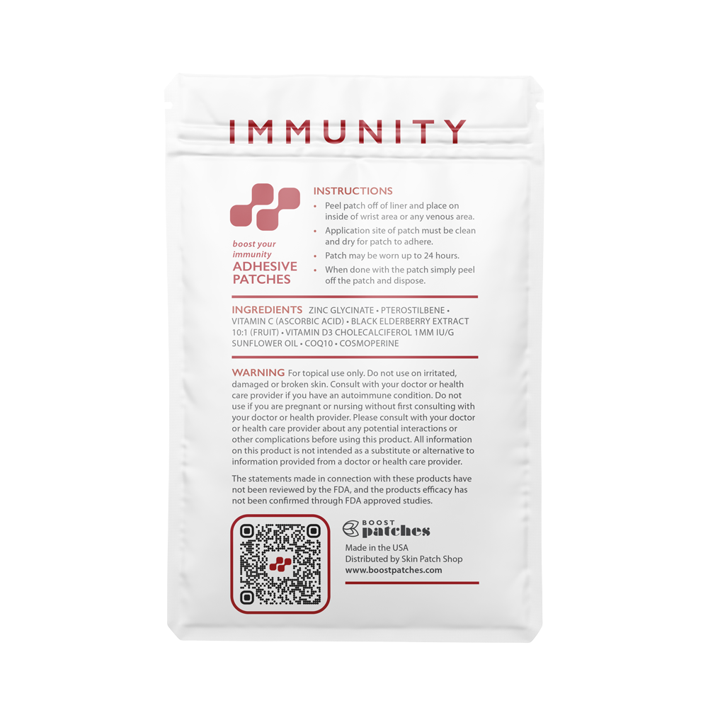 Boost your immunity with our topical adhesive patches infused with plant-based ingredients including: Vitamin C, Zinc, and Vitamin D3. Immunity patches are intended to give the user vitamin Boosts in the form of a patch.