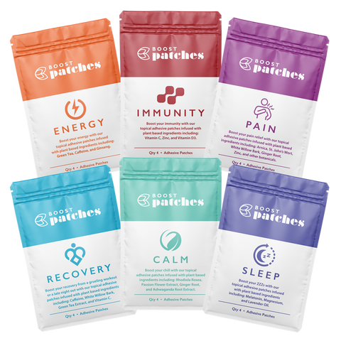 New to patches? Why not try our range to see what works best for you.   Includes a 4 pack of all our best-selling patches including: Energy, Immunity, Pain, Sleep, Calm & Recovery. 24 Patches total. 