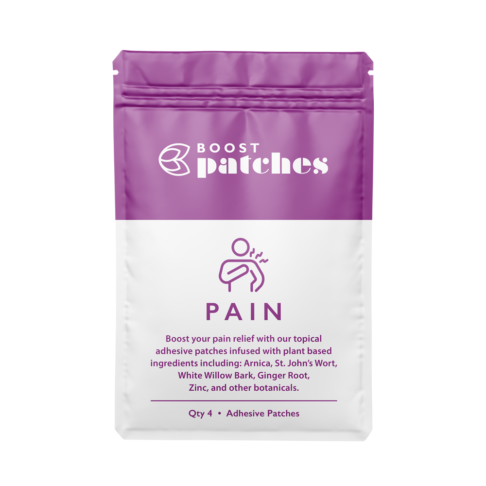 Boost your pain relief with our topical adhesive patches infused with plant-based ingredients including: Arnica, St. John’s Wort, White Willow Bark, Ginger Root, Zinc, and other botanicals. Pain patches are intended to be used on areas of muscle soreness, like your back legs or arms.