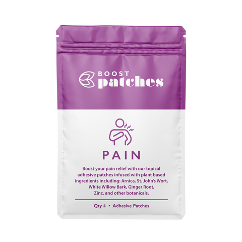 Boost your pain relief with our topical adhesive patches infused with plant-based ingredients including: Arnica, St. John’s Wort, White Willow Bark, Ginger Root, Zinc, and other botanicals. Pain patches are intended to be used on areas of muscle soreness, like your back legs or arms.