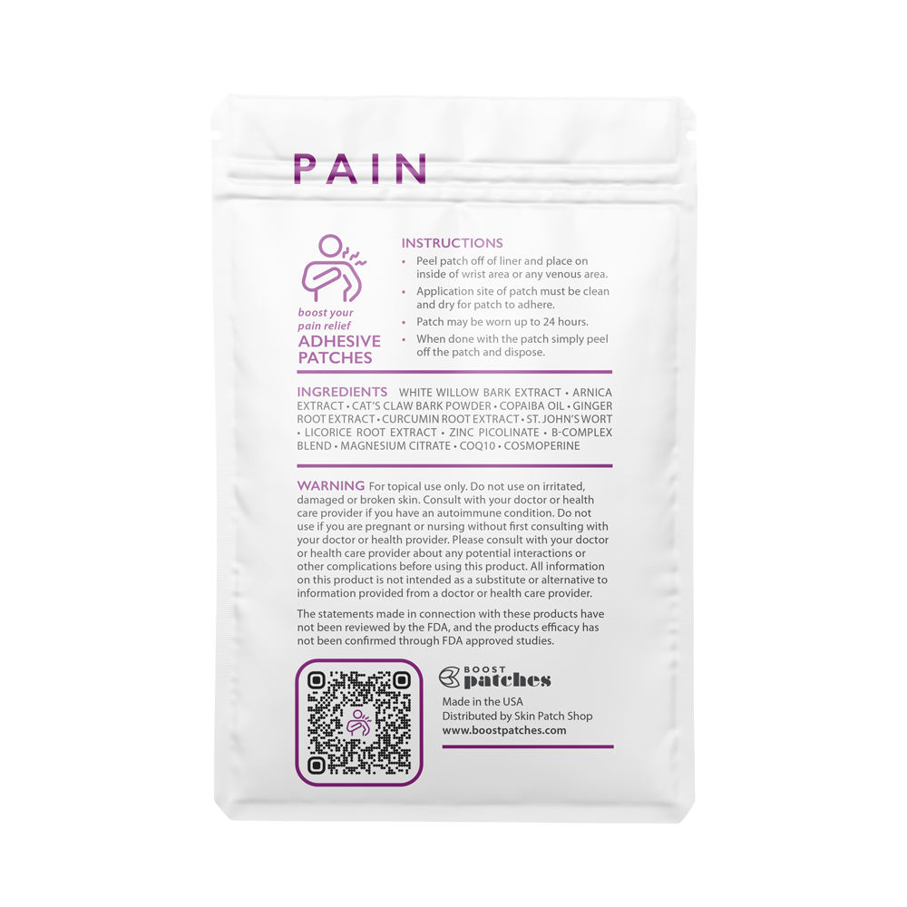 Boost your pain relief with our topical adhesive patches infused with plant-based ingredients including: Arnica, St. John’s Wort, White Willow Bark, Ginger Root, Zinc, and other botanicals. Pain patches are intended to be used on areas of muscle soreness, like your back legs or arms.