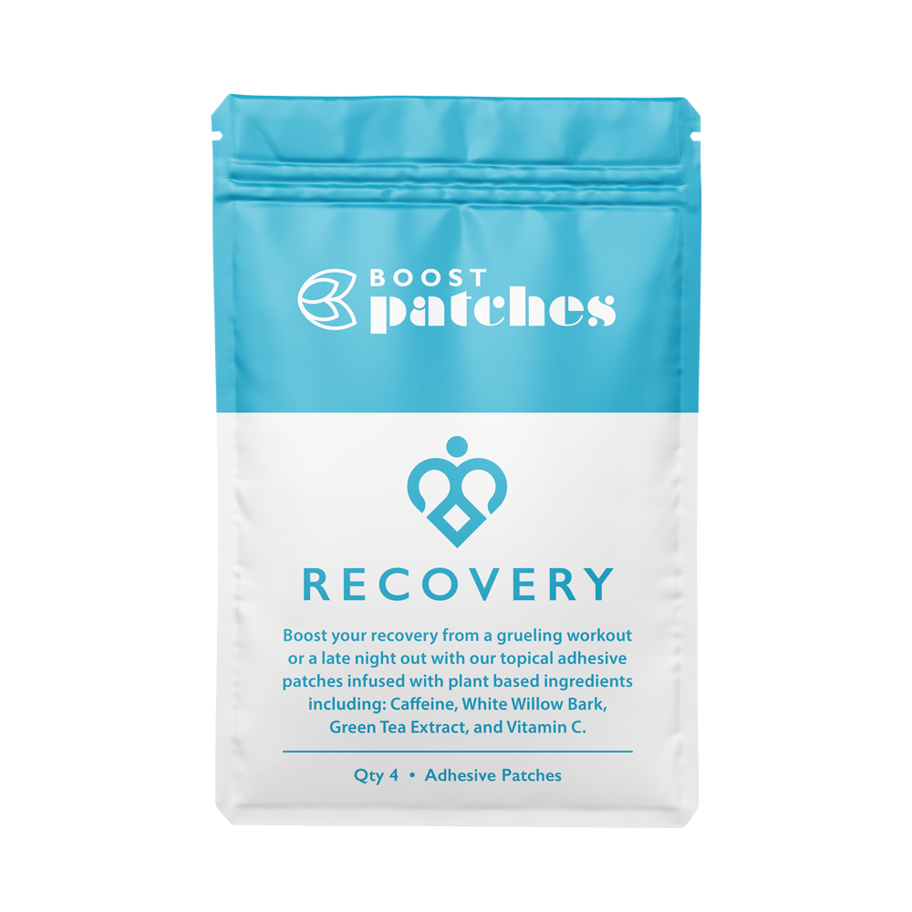 Boost your recovery from a grueling workout or late night out with our topical adhesive patches infused with plant-based ingredients including: Caffeine, White Willow Bark, Green Tea Extract, and Vitamin C. Recovery patches are intended to be used for fatigue from a high intensity work out or to Boost you up from a hangover.