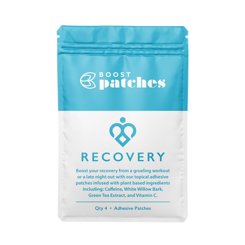 Boost your recovery from a grueling workout or late night out with our topical adhesive patches infused with plant-based ingredients including: Caffeine, White Willow Bark, Green Tea Extract, and Vitamin C. Recovery patches are intended to be used for fatigue from a high intensity work out or to Boost you up from a hangover.