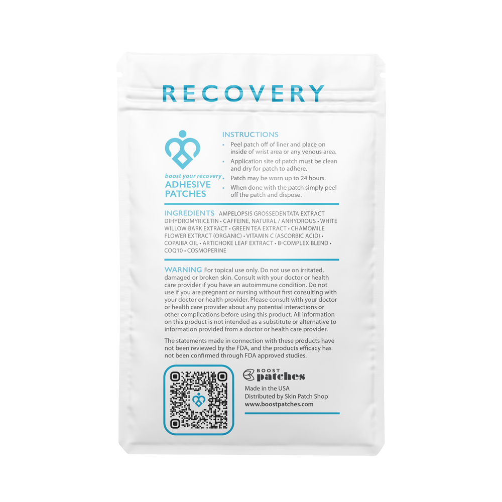 Boost your recovery from a grueling workout or late night out with our topical adhesive patches infused with plant-based ingredients including: Caffeine, White Willow Bark, Green Tea Extract, and Vitamin C. Recovery patches are intended to be used for fatigue from a high intensity work out or to Boost you up from a hangover.