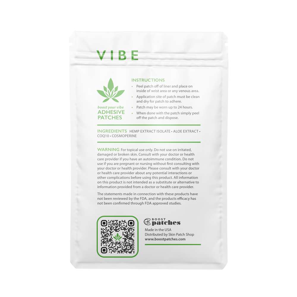 Boost your vibe with our topical adhesive patches infused with plant-based ingredients including: Hemp Extract from Isolate and Aloe Extract. Vibe patches are intended to be used to help the user relax with our blend of CBD.